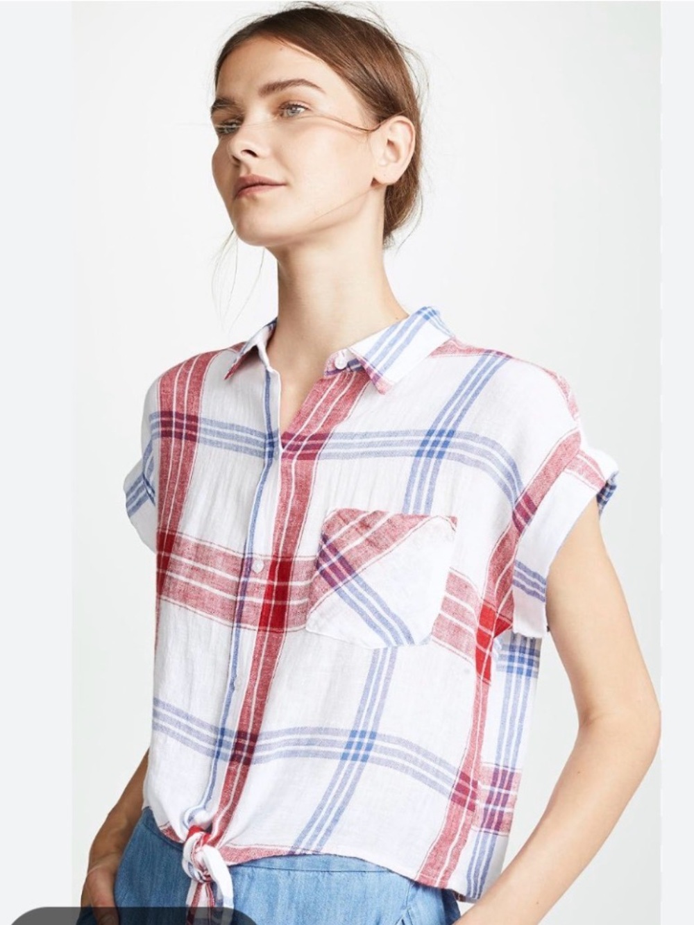 Rails Plaid Tie Front Button-Down Top Size Large Red White Blue Lightweight